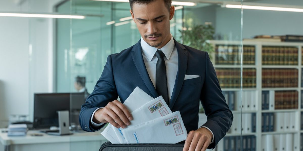A courier in a business suit securely handling legal documents in a modern office setting.