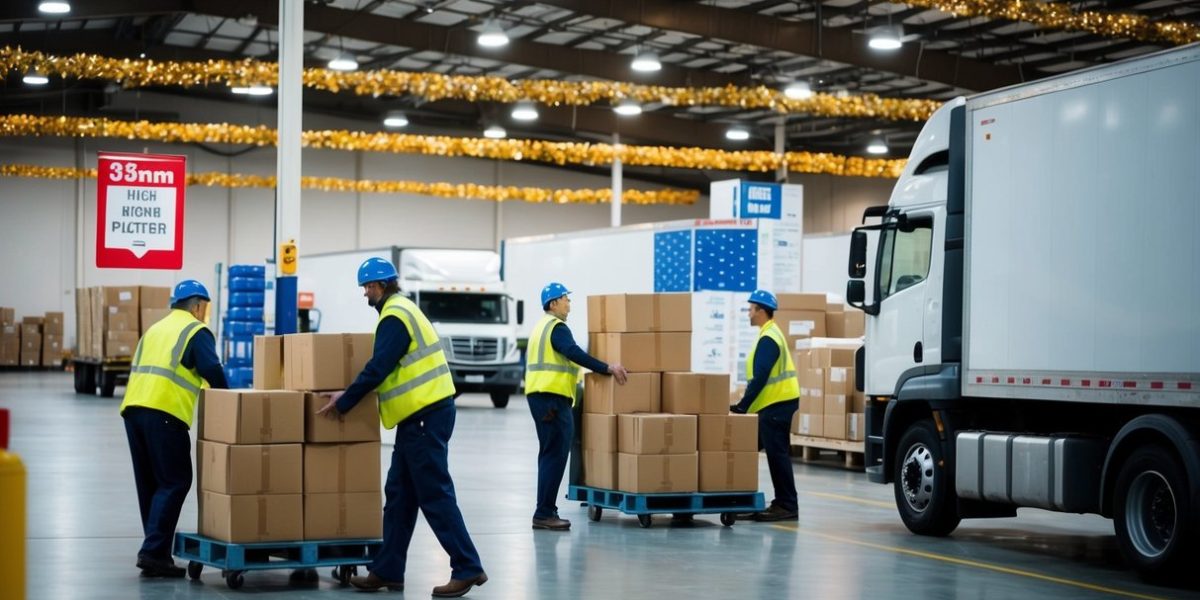 A bustling warehouse with workers moving crates and packages, as delivery trucks come and go. Seasonal decorations and signage indicate preparation for peak shipping times
