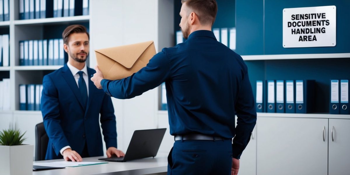 A courier delivering a sealed envelope to a law office. The office is filled with shelves of legal documents and a sign indicating "Sensitive Documents Handling Area."