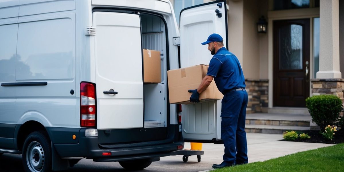 A refrigerated delivery van parked outside a customer's home, with the driver unloading a package from the back