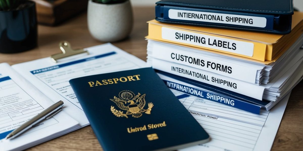 A cluttered desk with a passport, shipping labels, customs forms, and a stack of documents marked "International Shipping."