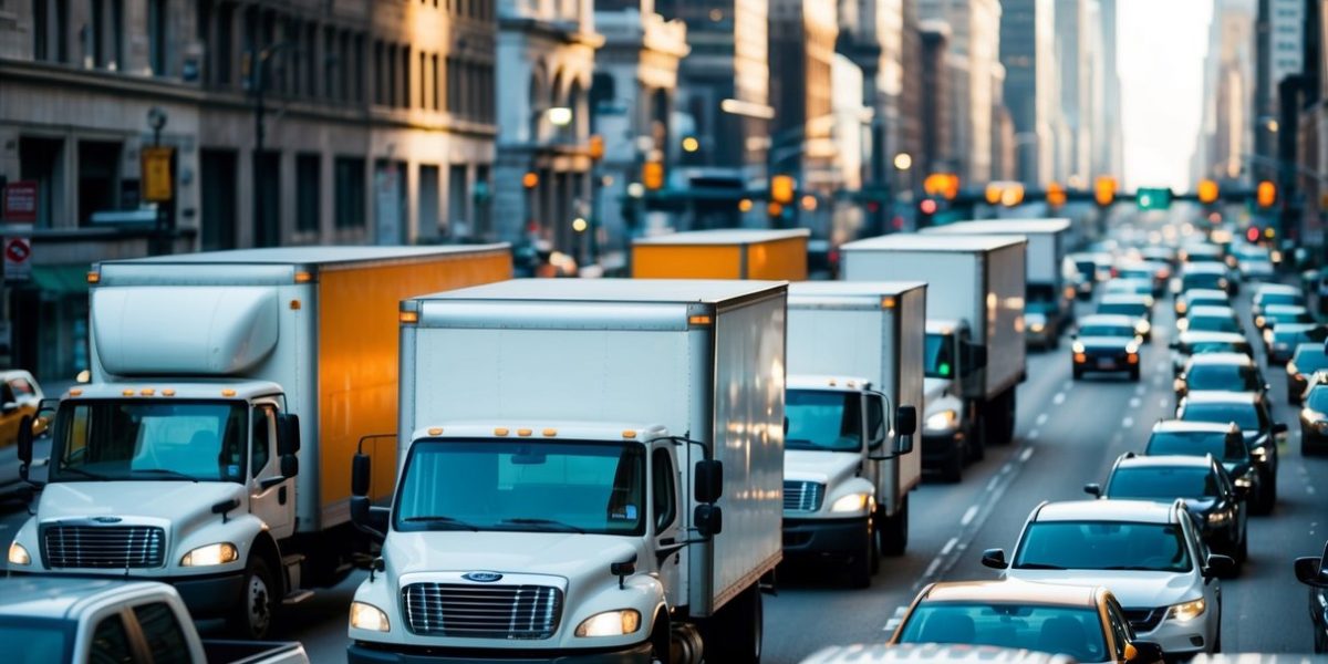 A busy city street with delivery trucks navigating through traffic, while AI algorithms optimize their same-day delivery routes