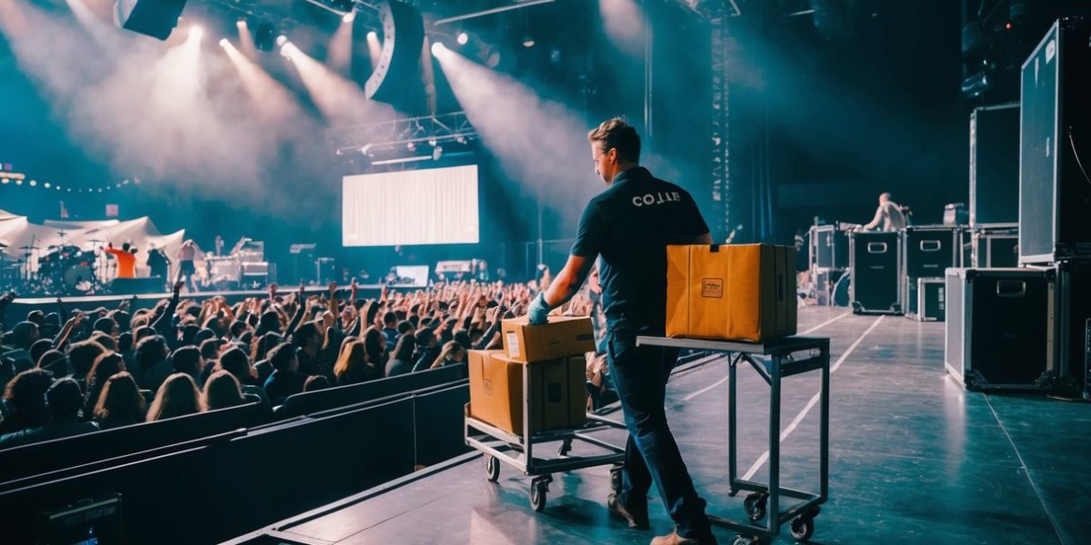 A bustling concert venue with stage, crowd, and equipment. A courier delivers urgent packages to the backstage area