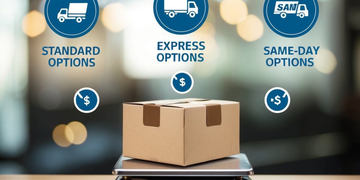 A package sitting on a scale, with three different shipping options (Standard, Express, Same-Day) displayed above it. The package is surrounded by symbols representing cost and speed