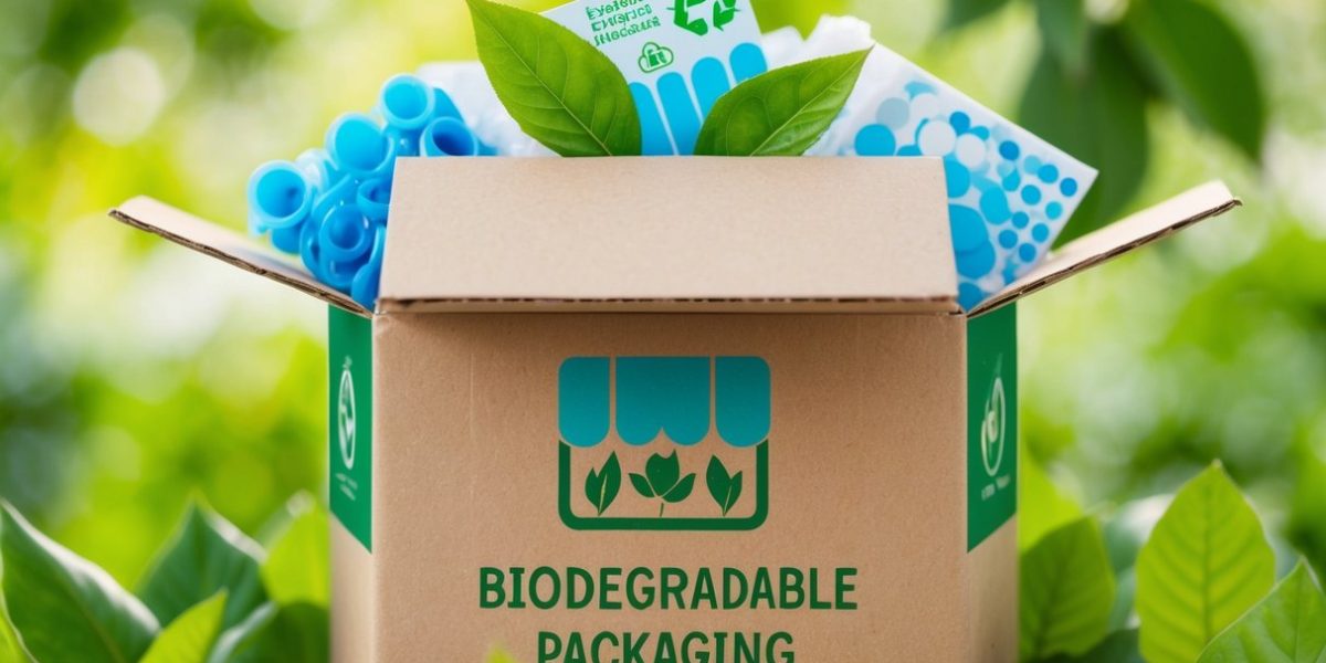 A cardboard box with biodegradable packing materials surrounded by green leaves and eco-friendly packaging symbols