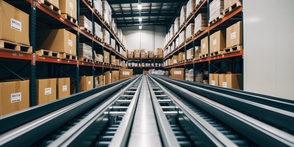 A warehouse with organized shelves, labeled bins, and efficient conveyor belts for quick order fulfillment