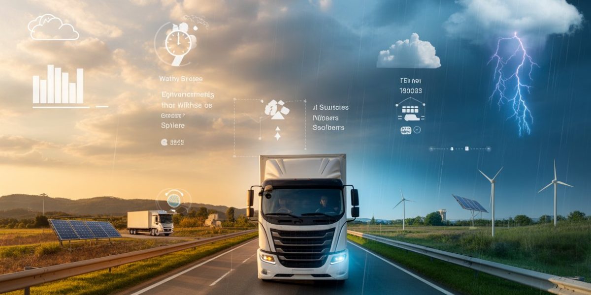 A delivery truck driving on a highway with clear weather on one side and stormy weather on the other, showing changing weather conditions affecting logistics.