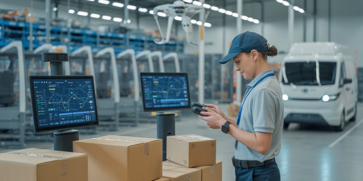 A courier scans packages in a modern warehouse with robots sorting parcels and delivery drones and vans in the background.