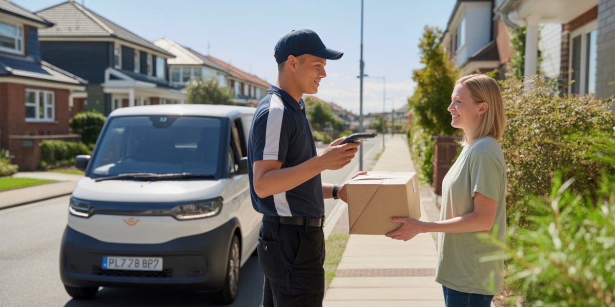 Delivery worker handing a parcel to a person at their home on a residential street.