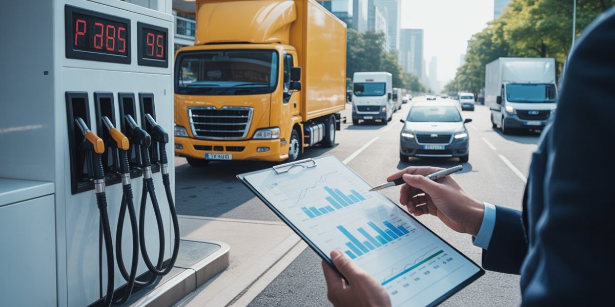 A delivery truck at a fuel station with a businessperson checking fuel price charts on a tablet, surrounded by vehicles on a busy road.