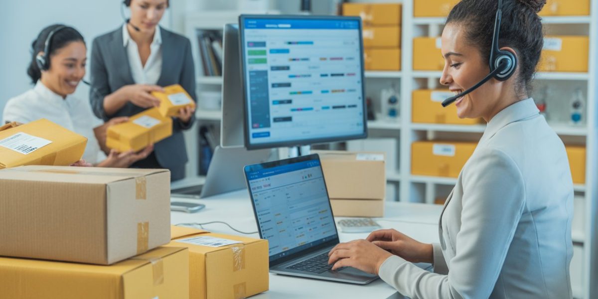 Customer service team working in an office handling product returns and refunds with computers, packages, and a barcode scanner.