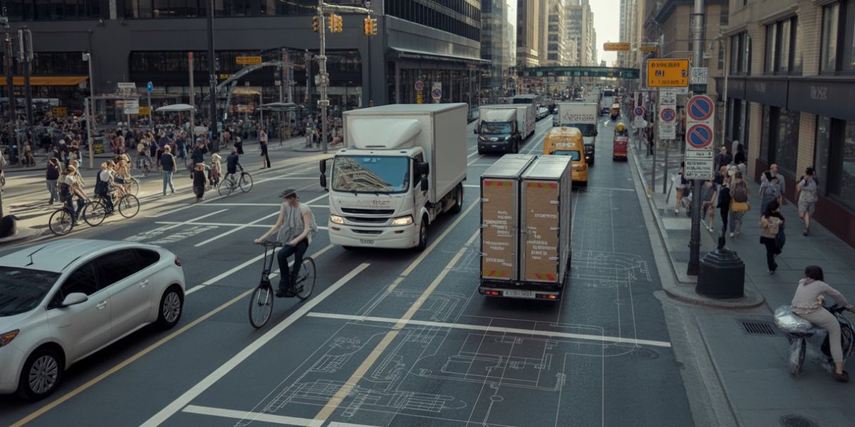 A busy city street with delivery vehicles, cyclists, pedestrians, tall buildings, and traffic signs showing restrictions.