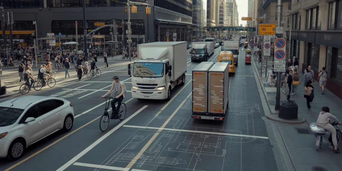 A busy city street with delivery vehicles, cyclists, pedestrians, tall buildings, and traffic signs showing restrictions.