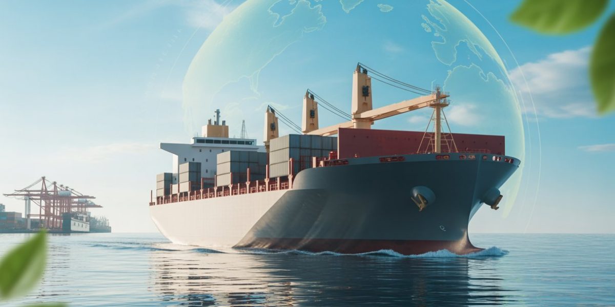 A large cargo ship with eco-friendly features sailing on the ocean near a busy shipping port.