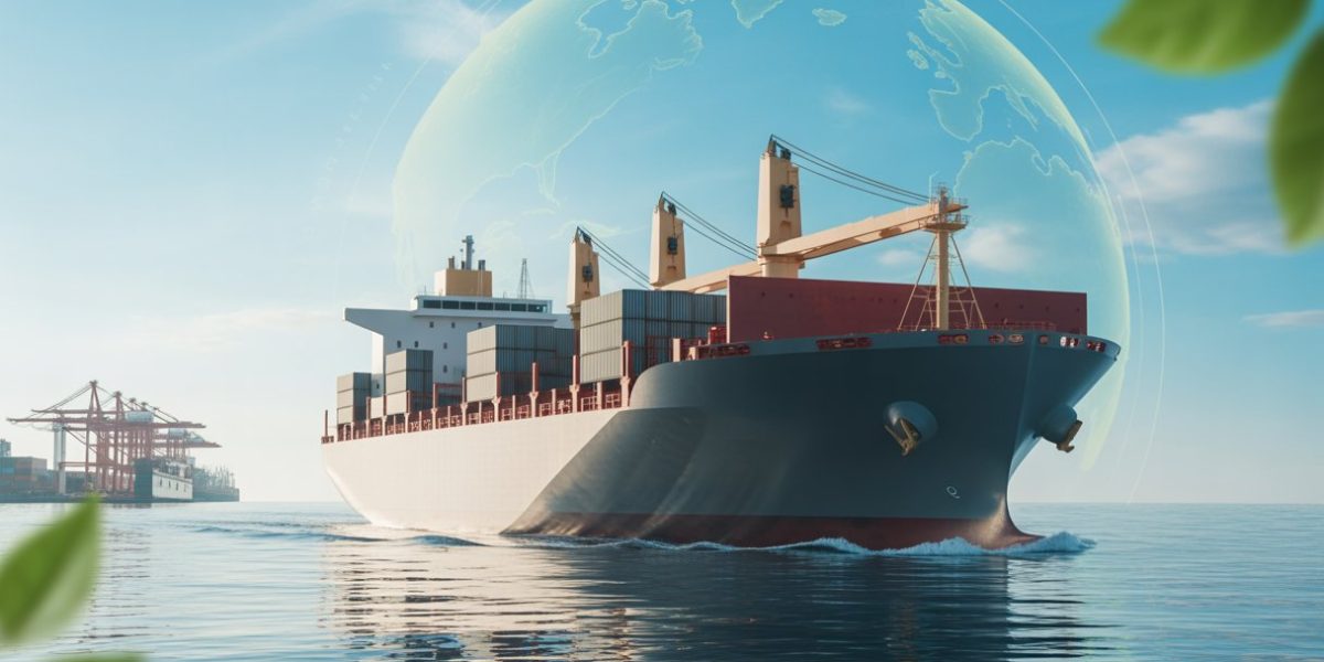 A large cargo ship with eco-friendly features sailing on the ocean near a busy shipping port.